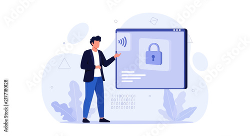Man presenting digital security and online privacy, cybersecurity concept, data protection illustration