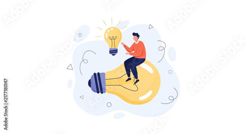Man Sitting on a Giant Light Bulb, Symbolizing Idea Generation and Innovation
