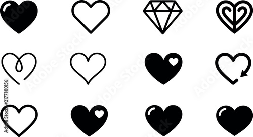 Various heart shapes and a diamond symbol in a clean vector silhouette style for diverse romantic or value concepts