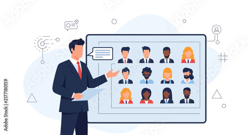 Man presenting online team meeting on screen with diverse avatars, video conference concept