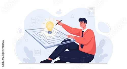 Man solving maze with glowing light bulb idea on digital tablet, concept for problem-solving and innovation