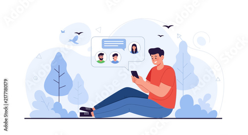 Man sitting outdoors texting and chatting on his phone, communication concept