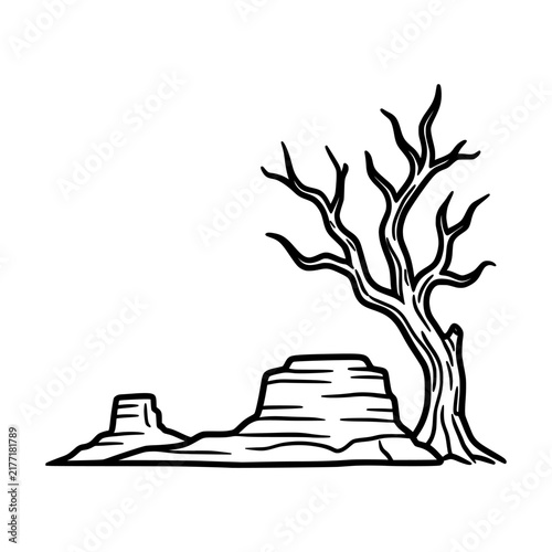 Stylized desert landscape with a dead tree and rock formations.