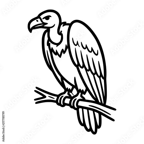 Stylized illustration of a vulture perched on a branch.