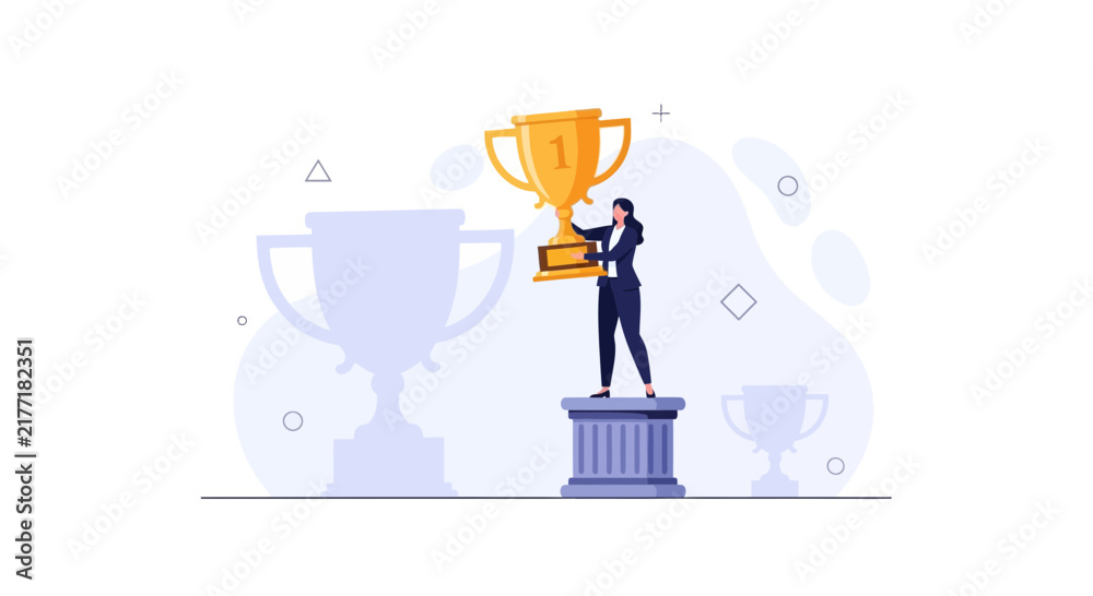 Obraz premium Businesswoman holding a gold trophy on a pedestal, celebrating victory and achievement, with other trophies in the background.