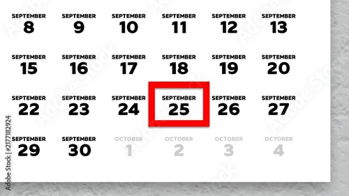 Red cursor highlighting September 25th on a 2026 wall calendar page