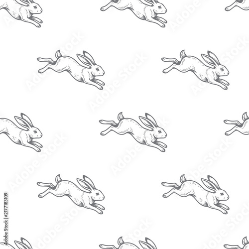 Running Hare Vintage Seamless Pattern. Detailed hand drawn leaping rabbit repeat pattern on white background for woodland and nature design.