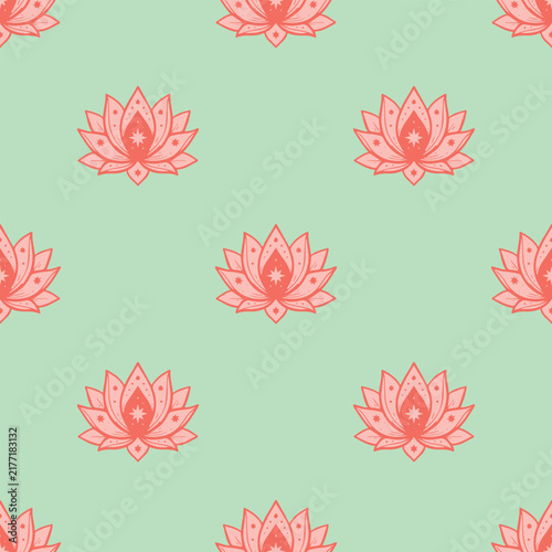 Pink Lotus Flower Spiritual Seamless Pattern. Hand drawn blooming lotus flower repeat pattern on light green background for yoga and zen decor.