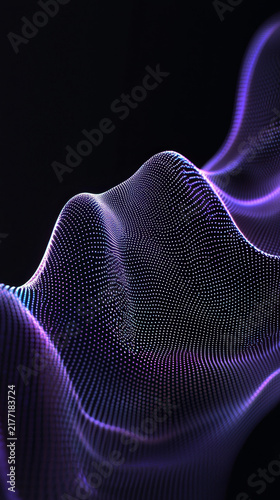 Glowing purple and blue particle waves forming an abstract undulating digital landscape on black