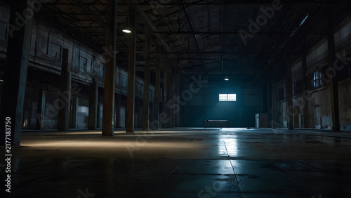 Cinematic abandoned factory floor with concrete pillars and moody lighting