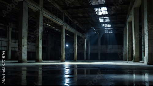 Vast empty industrial hall with large glass windows at night