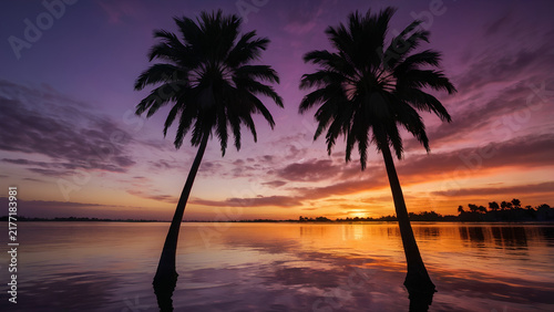 Purple and orange sunset sky over a calm tropical island lagoon