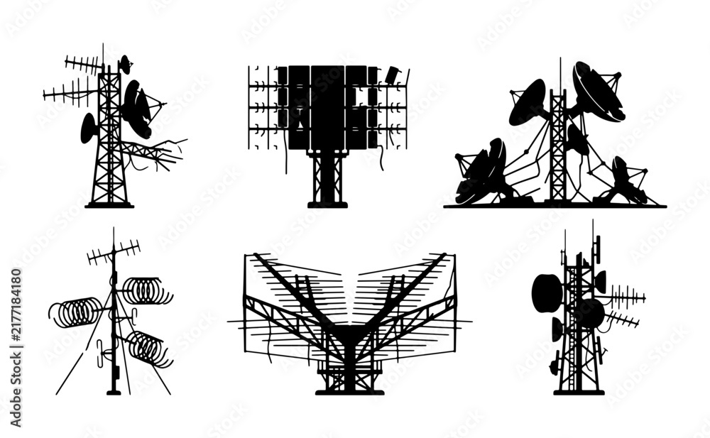 Fototapeta premium Communication Towers Vector Icons Set, Telecommunication Antennas, Radar Dishes, Broadcast Structures