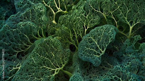 Detailed abstract texture of a fresh savoy cabbage leaf with dew