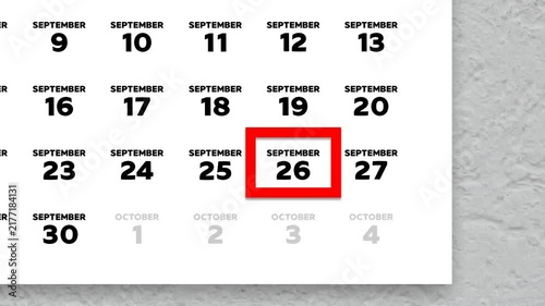 Red cursor highlighting September 26th on a 2026 wall calendar page