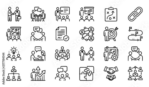 Business Cooperation Partnership Briefing Planning and Communication Monoline Icons