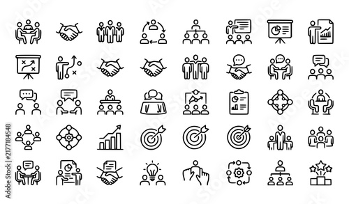 Business Cooperation Partnership Briefing Planning and Communication Monoline Icons
