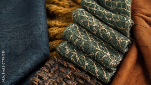 Close up of rolled textured fabrics with intricate bohemian patterns