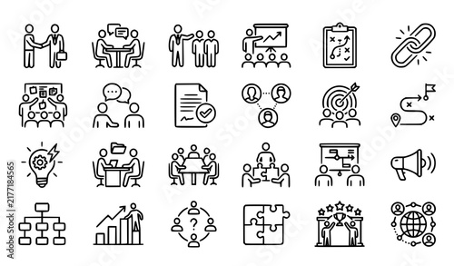 Business Cooperation Partnership Briefing Planning and Communication Monoline Icons