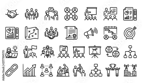 Business Cooperation Partnership Briefing Planning and Communication Monoline Icons
