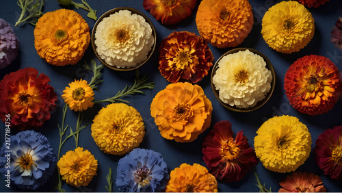 Flat lay arrangement of bright marigold blossoms on a contrasting dark blue surface