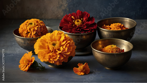 Dark moody floral background with fresh orange and yellow marigold blooms
