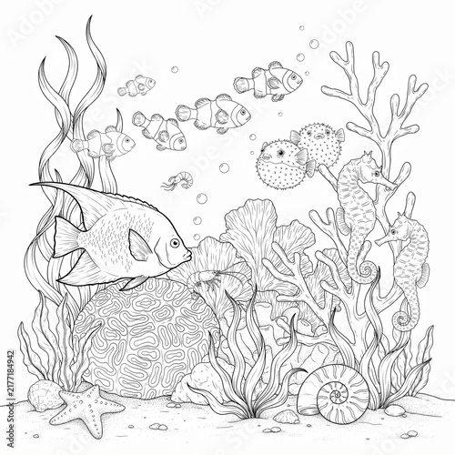 A colorful-looking coral reef filled with different types of fish, sea plants, and bubbles, intricate black and white coloring book line art.