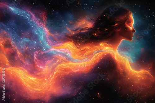 Celestial Woman Silhouette Merging with Fiery Cosmic Nebula Stars Abstract Digital Fantasy Art