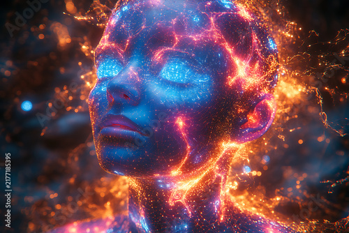 Humanoid Consciousness Awakening with Glowing Energy and Inner Power Concept 3D Digital Art