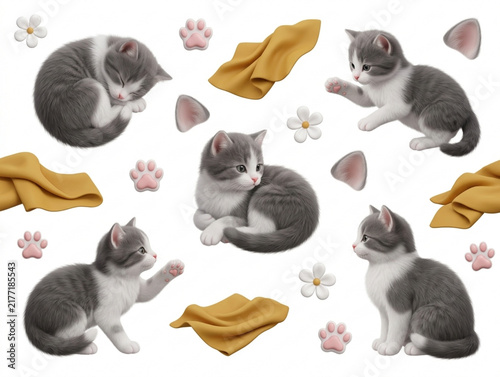 3D Set of Cute Grey and White Kittens with Paw Prints and Yellow Cloth Elements
