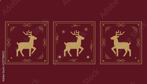 Golden deer silhouettes are framed in three separate square borders with intricate decorative line art elements on a deep red holiday greeting card background.