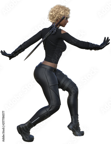 Bild auf Leinwand 3D rendered illustration of a female warrior with short blonde hair, wearing a black cold-shoulder tactical bodysuit and combat boots, isolated on a white background