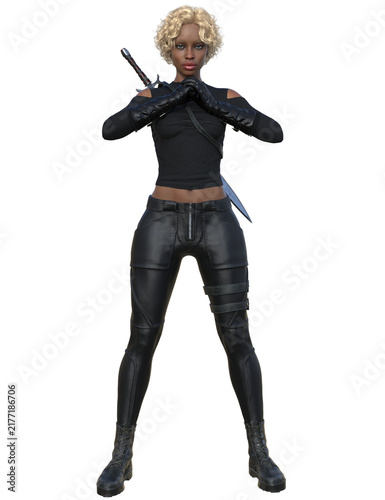 Bild auf Leinwand 3D rendered illustration of a female warrior with short blonde hair, wearing a black cold-shoulder tactical bodysuit and combat boots, isolated on a white background