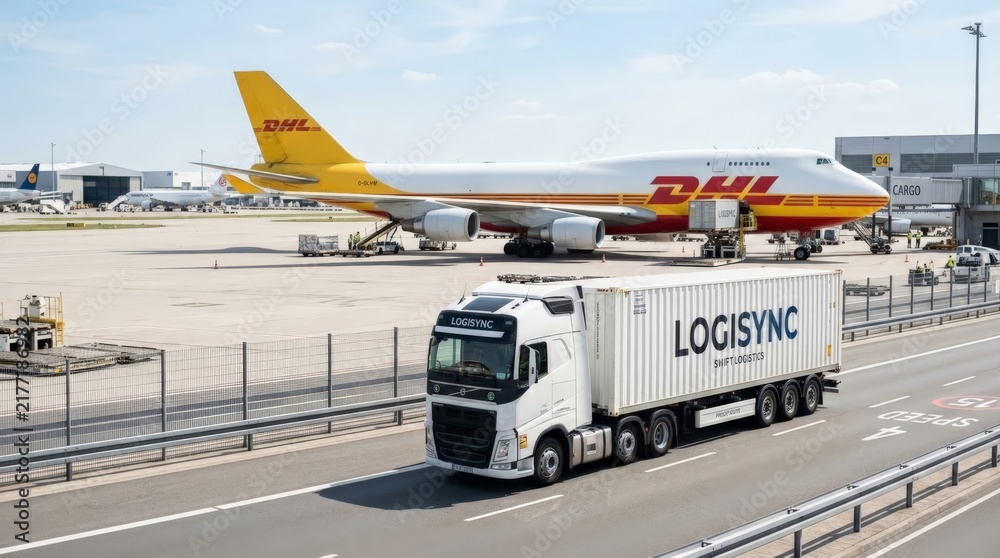 Fototapeta premium A white semi-truck with a logisync container drives on a highway near an airport where a large dhl cargo airplane is parked, showcasing modern global transport operations