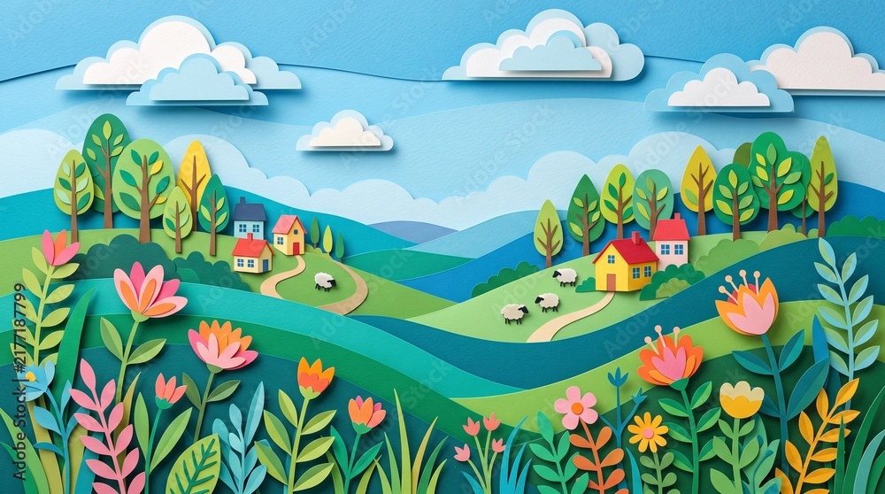 Obraz premium Colorful countryside village surrounded by blooming flowers and rolling hills.