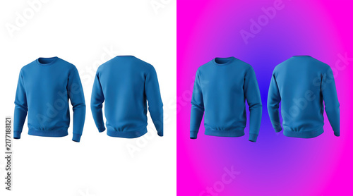 Canvas Print Front and back view of a plain blue crew neck sweatshirt isolated on a white bac