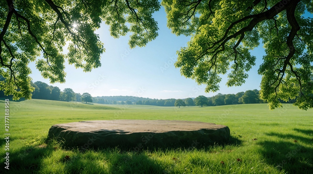 Fototapeta premium Flat stone platform sits in green meadow under tree branches. Sunny day in park with rich grass, distant forest. Peaceful nature landscape with bright sunlight, summer vibes. Empty rock pedestal in