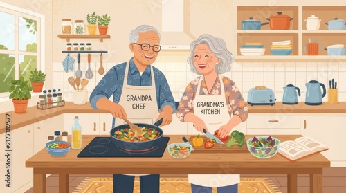 Happy Senior Couple Cooking Healthy Meal Together in Cozy Home Kitchen