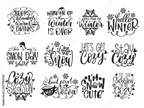 Winter lettering quotes typography prints. Hand drawn printable. Christmas Lettering Quotes for posters, postcards, prints