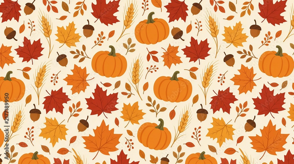 Autumn Leaves and Pumpkins Seamless Pattern for Fall Thanksgiving Halloween Seasonal Background Design