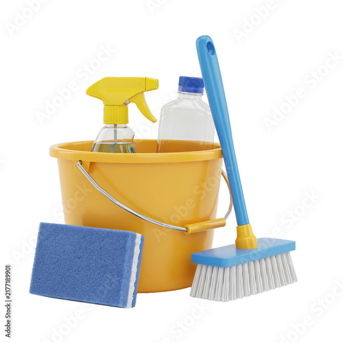Yellow plastic cleaning bucket with spray bottle, scrub brush, and blue sponge for household maintenance tasks isolated on a transparent background