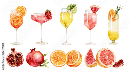 Watercolor summer cocktail drink illustration set
