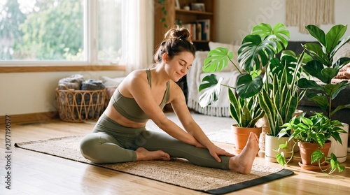Woman stretching on yoga mat in bright home studio.