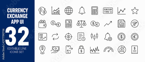 Professional Currency Exchange App Interface Icons Collection Featuring Financial Trading Symbols and Market Analysis Tools