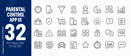 Parental control app icons collection, vector line pictograms for family safety, device monitoring, and digital wellbeing ui design
