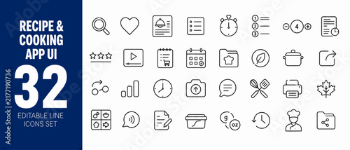 Comprehensive recipe and cooking app line icons collection featuring 32 editable symbols for culinary design