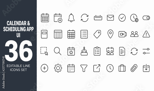 Modern outline line icons collection featuring 36 symbols for calendar, scheduling, and diverse app user interface design and development needs