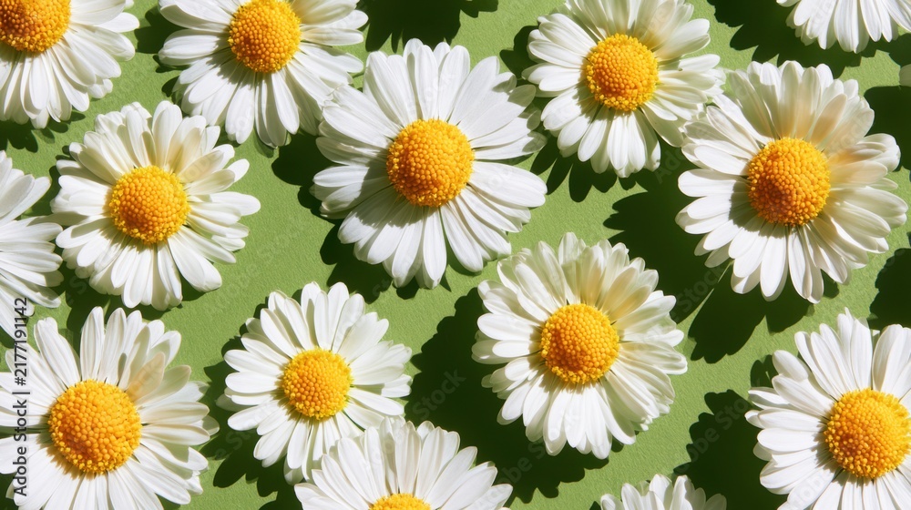 Fototapeta premium Fresh spring daisies creating a botanical pattern background. Ideal for advertising layouts, packaging, social media visuals and eco lifestyle concepts