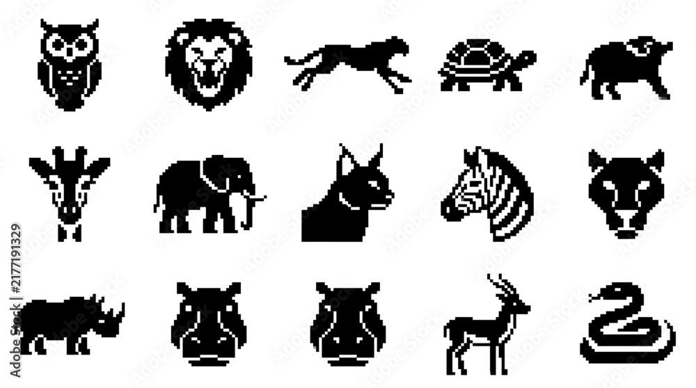 Fototapeta premium 8-bit pixel art animal icon set.