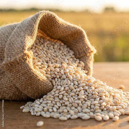 Golden raw organic grain spilling from a burlap sack on a rustic wooden table